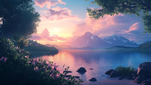 Sunset light illuminates a calm mountain lake landscape