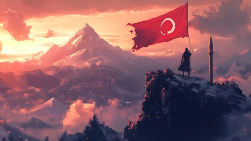 Lone guardian raises crimson crescent over sunset peaks.