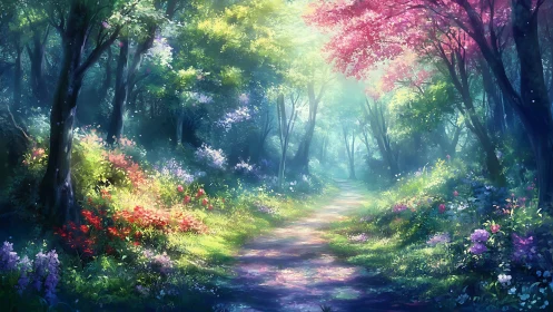 Enchanted Forest Path Through Blooming Trees and Soft Light