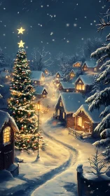 Snowlit Christmas village with illuminated evergreen tree.