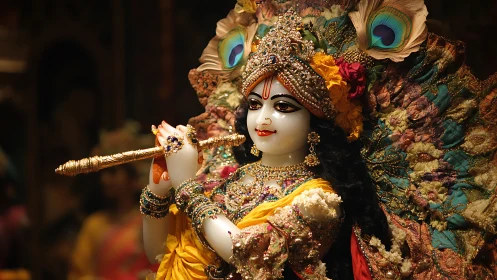 Gilded deity in peacock splendor plays a luminous flute.