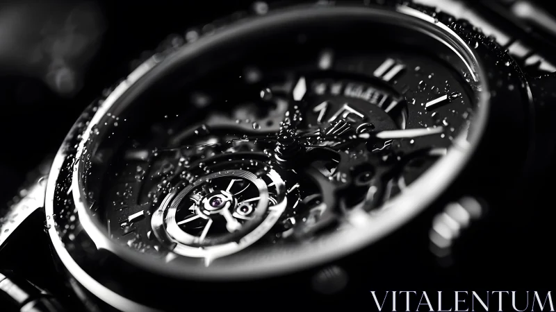 Luxury mechanical watch macro shot with water droplets, dramatic lighting.