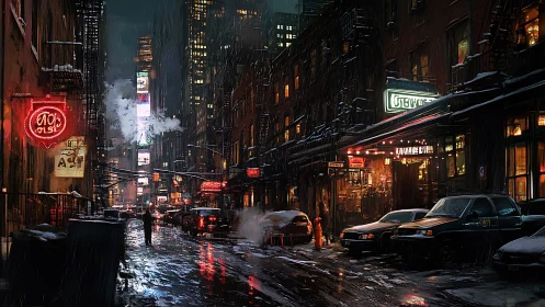 Neon rainlit alley holds a humming midnight city heartbeat.