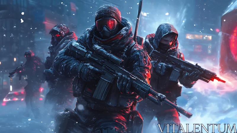 Digital painting of tactical squad in neon blizzard haze.