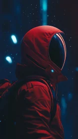 Hooded astronaut figure in red suit under blue city lights.