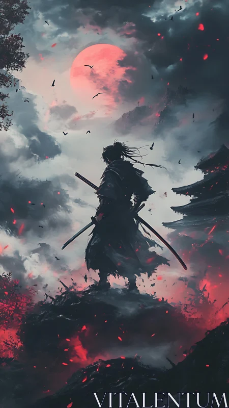 Lone samurai silhouette under red moon on burning ridge.