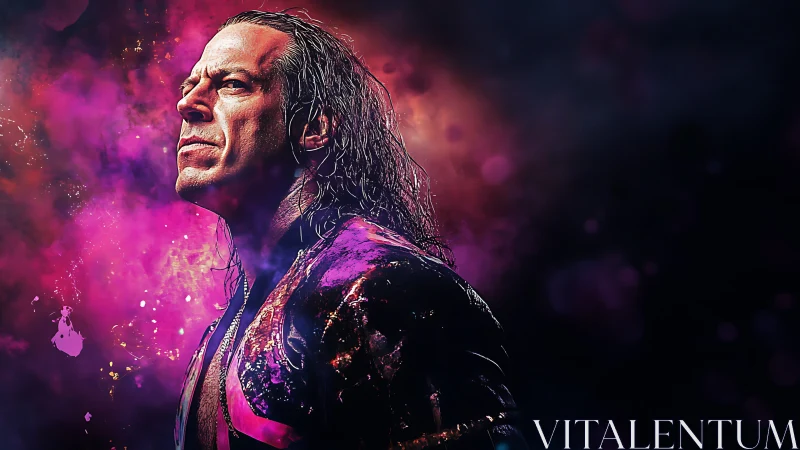 Brooding warrior stands in neon haze of pink and violet light