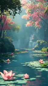 Lotus pond reflects cascading falls and blush canopy.