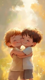 Two Children Embracing in Golden Light.