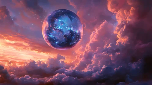 Spectral nebula sphere suspended in irradiated sunset clouds.
