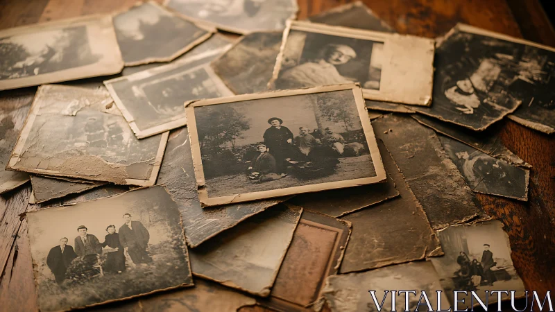 Scattered vintage family photographs on worn wooden table.