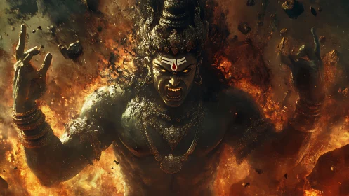 Fierce fire deity digital painting with erupting inferno backdrop.