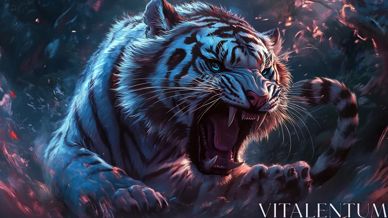 Roaring white tiger surges forward in glowing jungle light