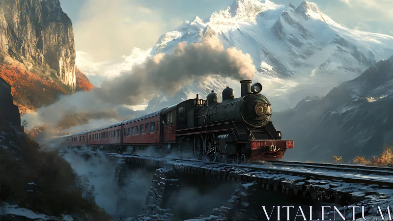 Steam locomotive crossing misty gorge beneath alpine peaks.