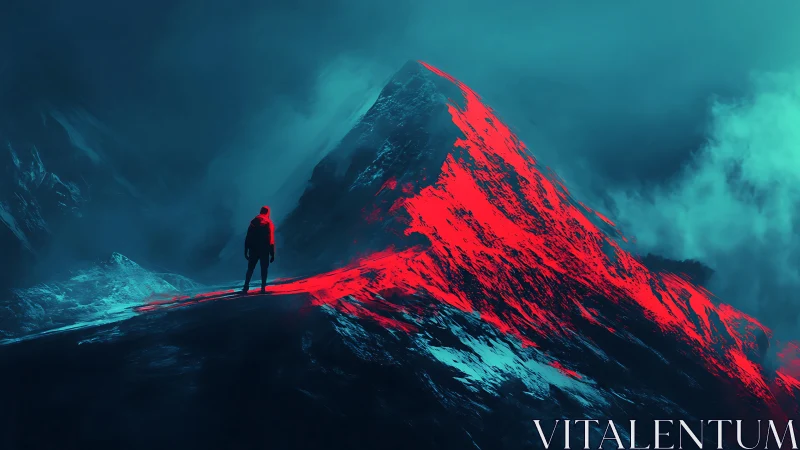 Lone traveler pauses before a glowing crimson mountain path