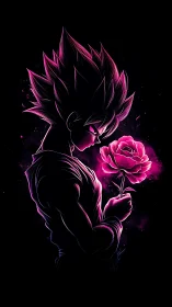 Silhouetted spiky-haired figure holds illuminated pink rose