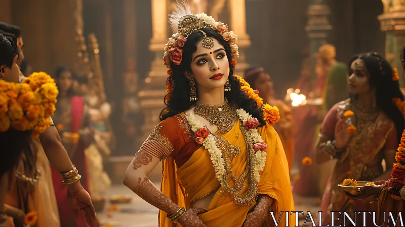 Temple-bloomed goddess muse in marigold-drenched splendor.