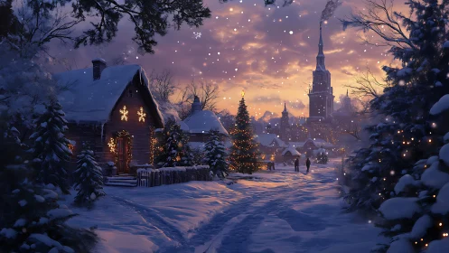 Snow-covered village street with lit trees at dusk.