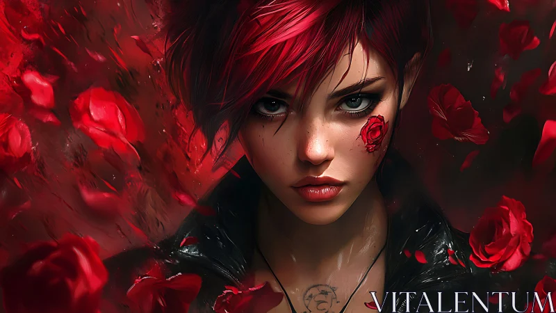 Scarlet haired rebel confronts viewer amid swirling roses
