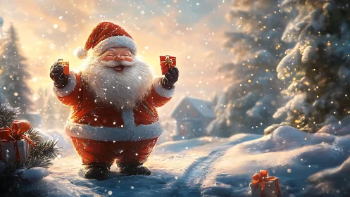 Jolly Santa sharing tiny gifts in a glowing winter wonderland.
