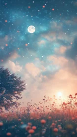 Dual moonlit and sunlit meadow unifying sky and wildflowers