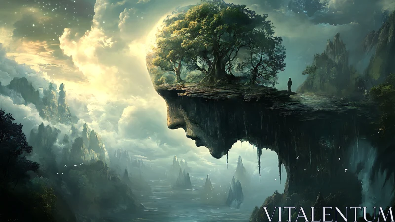 Floating cliff forms human profile with trees above clouds