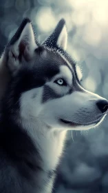 Snowlit husky listens for distant echoes in the winter hush