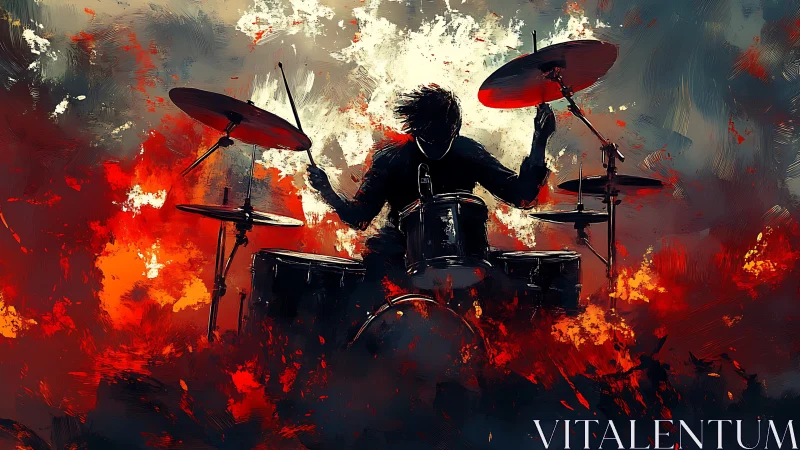 Drummer silhouette drives energetic kit amid fiery strokes.