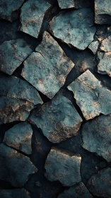 Layered cracked stone slabs in cool teal tones.