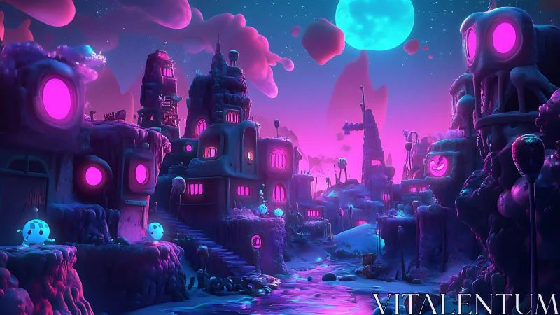 Neon lunar village under glowing candy-colored skies.
