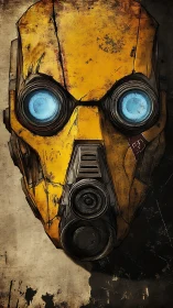 Cel-shaded yellow robot mask with weathered plating and cyan optics