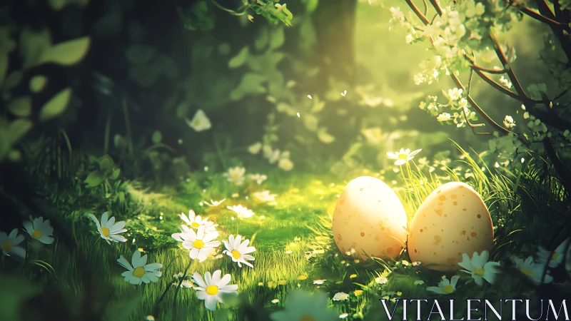 Speckled eggs rest in sunlit forest clearing among daisies