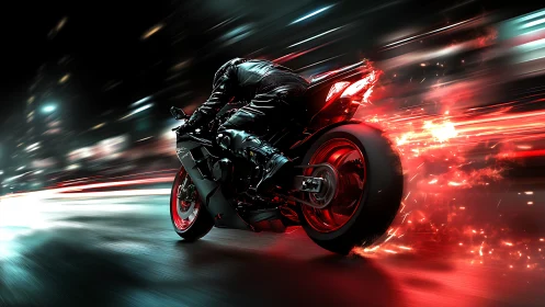 High-speed sportbike accelerates through neon-infused nightscape
