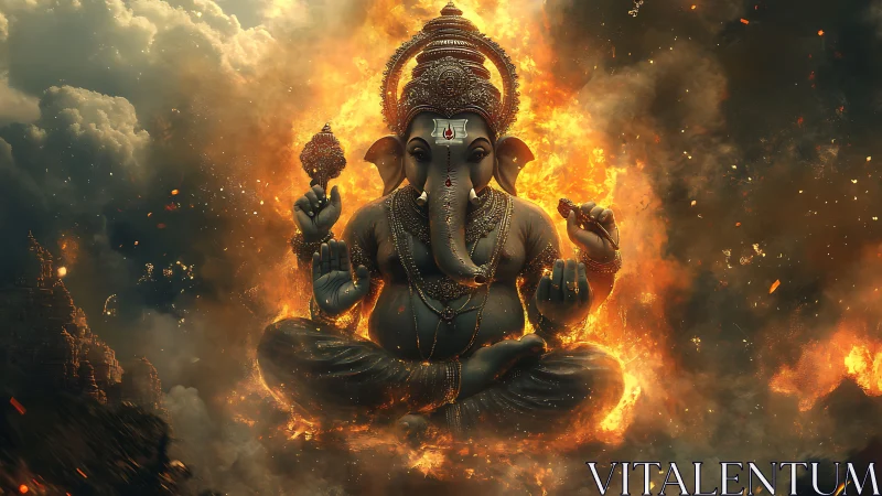 Fiery divine elephant figure floating in glowing stormscape.