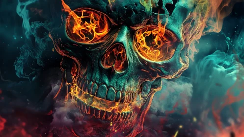 Fiery skull spirit glowing within swirling cosmic smoke.
