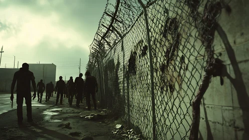 Silhouetted figures walking along damaged barbed fence.