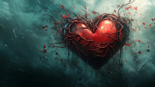 Glowing red heart with dark thorny vines in teal atmospheric space.