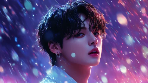 Rainlit portrait of youth in neon-soaked twilight glow.