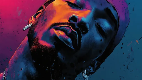 Portrait of man with closed eyes in vivid neon lighting