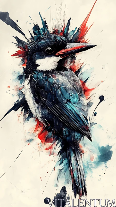 Abstract kingfisher portrait explodes with ink and color.