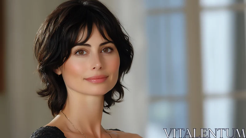 Portrait of woman with short dark hair in soft window light.