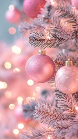 Pink ornaments on frosted artificial Christmas tree branch.