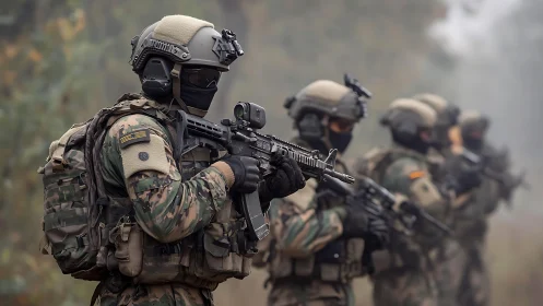 Special forces unit advances cautiously through hazy woodland.