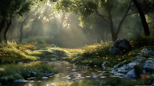 Forest Stream Dawn Light Through Trees.