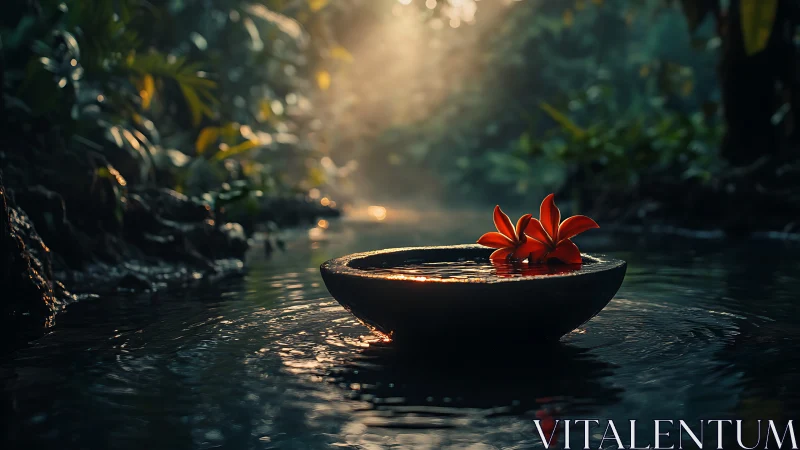 Luminous red lilies drifting in tranquil jungle stream.