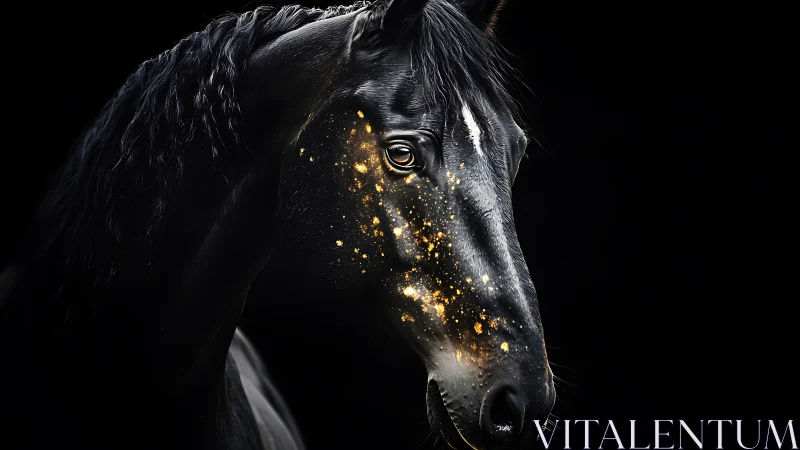Black horse portrait with gold speckled facial highlights.