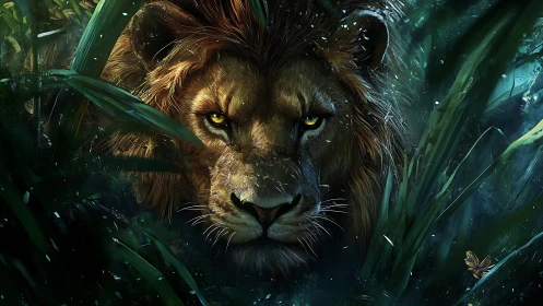 Lion emerging through dense jungle foliage at night.