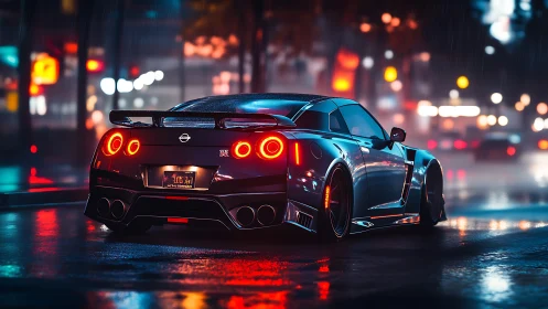 Modified Nissan GT-R under neon city rain at night.