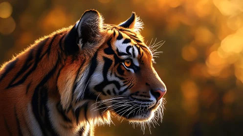 Sunlit tiger profile in warm golden bokeh glow.