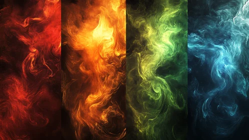 Elemental energy streams in four vertical color panels.